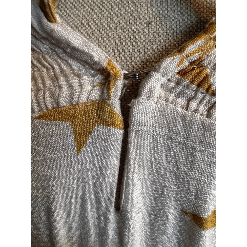 Storia Gold Star Midi Sun Dress Cream Tie Shoulder Smocked Tiered XS Guaze